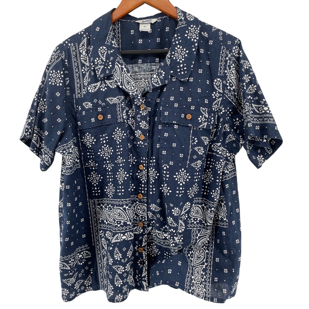 Duluth Trading Co Button Up Shirt Mens XL Blue Bandana Americana Hemp Cotton